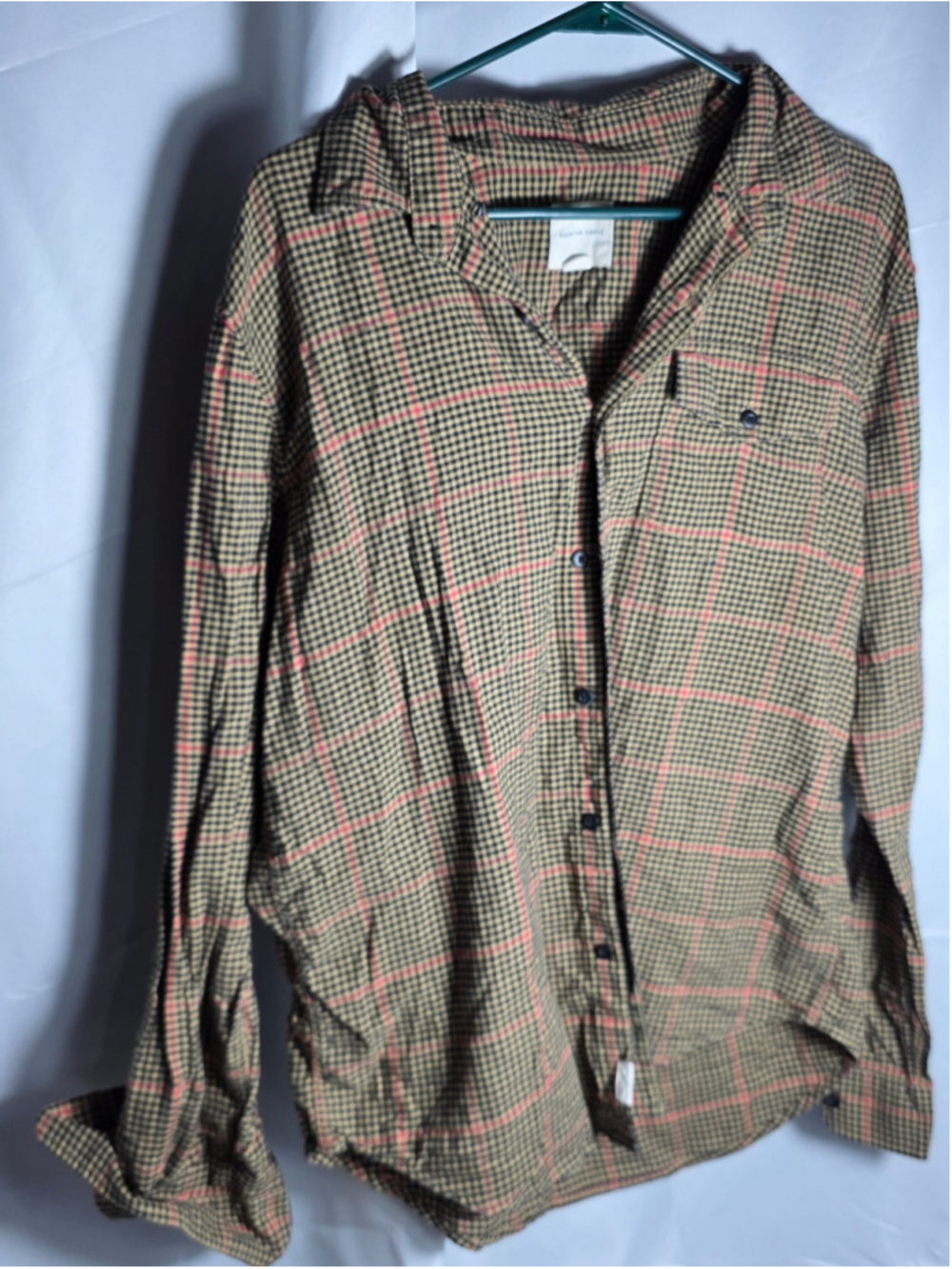 Women's American Eagle Plaid Button Down Shirt, Size L, Beige and Pink fall